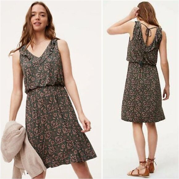 🌹Loft Green/Pink Paisley V Neck Open Back Dress - Picture 1 of 5